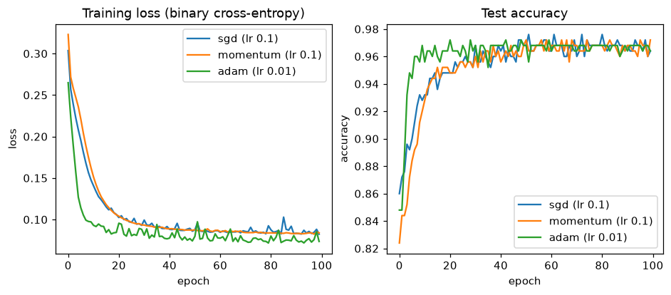 Two panels over 100 epochs for SGD, momentum and Adam: Adam's loss drops fastest and its test accuracy passes 0.95 within the first 10 epochs; SGD and momentum get there later, with momentum's loss curve the smoothest.