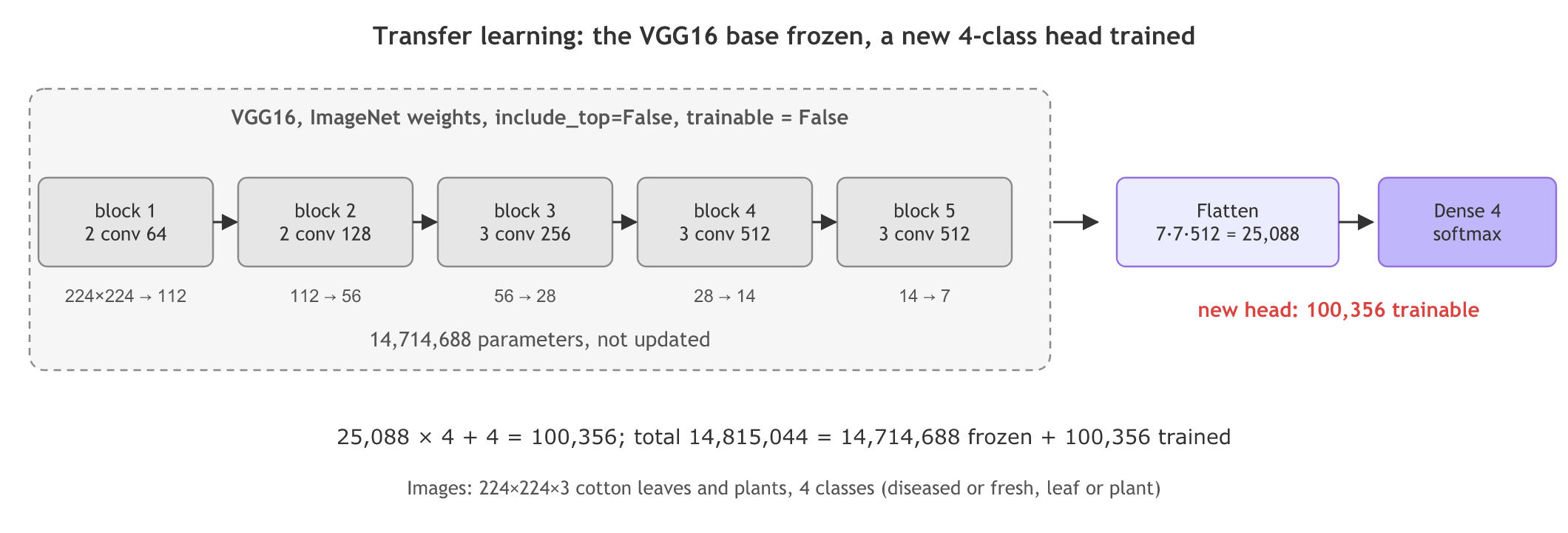 A frozen VGG16 base with ImageNet weights, five convolution blocks that shrink the image from 224 by 224 to 7 by 7 with 512 channels and 14,714,688 parameters, feeds a new trainable head: a flatten to 25,088 values and a 4-class softmax Dense layer with 100,356 parameters.