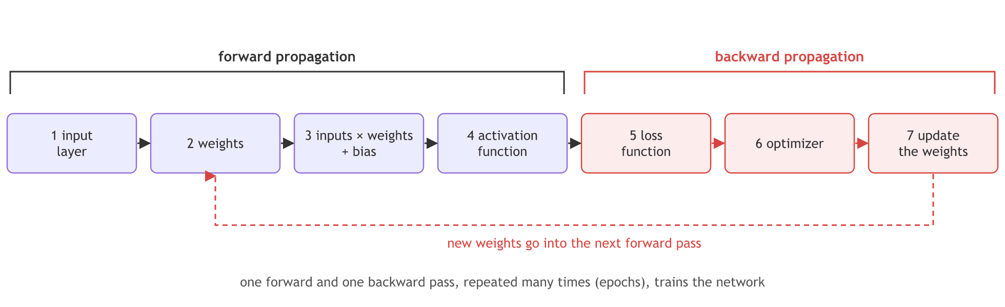 The seven training steps as a pipeline: input layer, weights, inputs times weights plus bias and activation form forward propagation; loss function, optimizer and updating the weights form backward propagation, and a loop carries the new weights back to the start, repeated for many epochs.