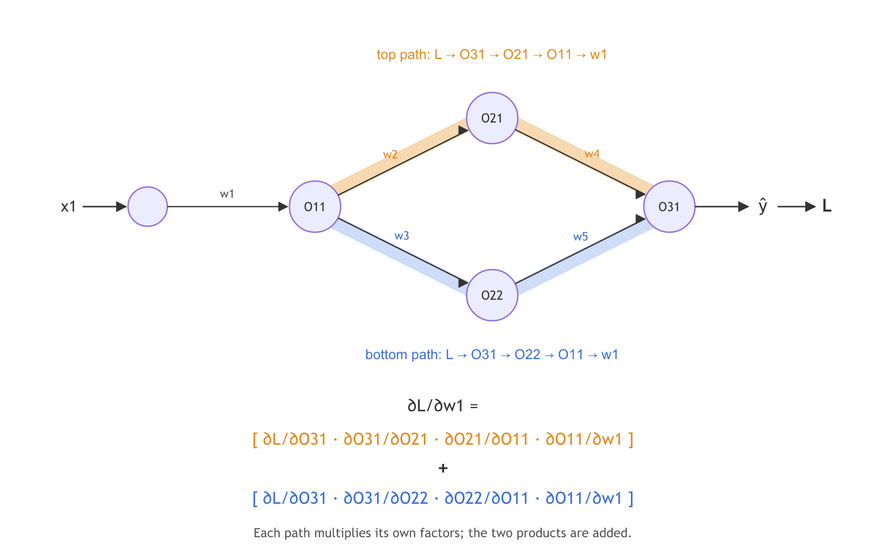A network with one input x1, one neuron O11, two neurons O21 and O22 and one output neuron O31, joined by weights w1 to w5. The top path from the loss back to w1 goes through O31, O21 and O11, the bottom path through O31, O22 and O11, and dL/dw1 is the sum of the two path products.