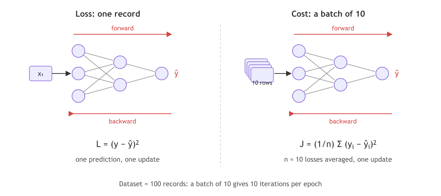 The same network twice: on the left one record goes forward and gives one loss, the squared error; on the right a batch of 10 of the 100 records goes forward and the 10 losses are averaged into one cost.