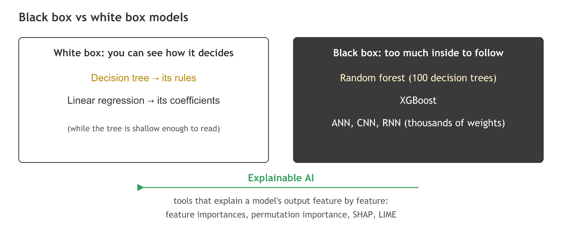 White box models, a decision tree and linear regression, show how they decide; black box models, random forest with 100 trees, XGBoost and ANN, CNN and RNN, hold too much to follow; explainable AI tools such as feature importances, permutation importance, SHAP and LIME bridge from black box back towards white box.
