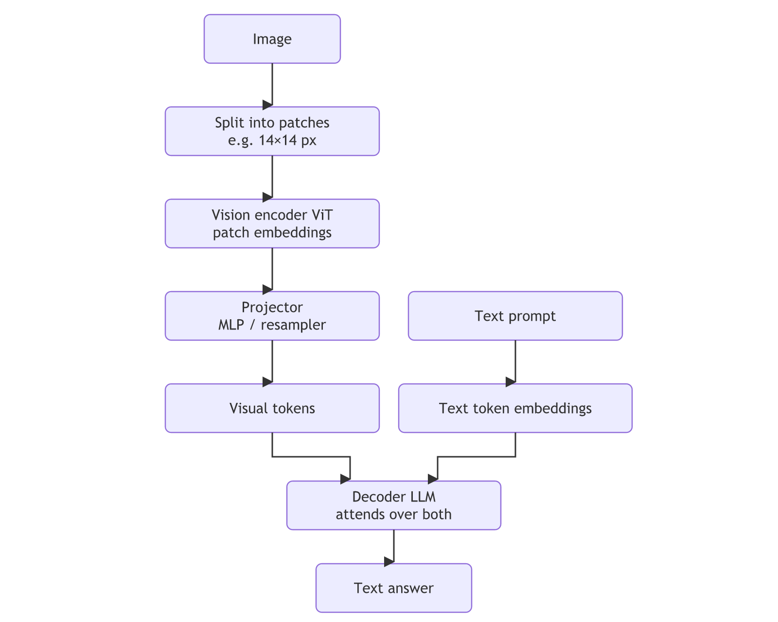 An image is split into patches, encoded by a ViT, mapped by a projector into visual tokens, and a decoder LLM attends over the visual tokens and the text token embeddings together to produce a text answer.